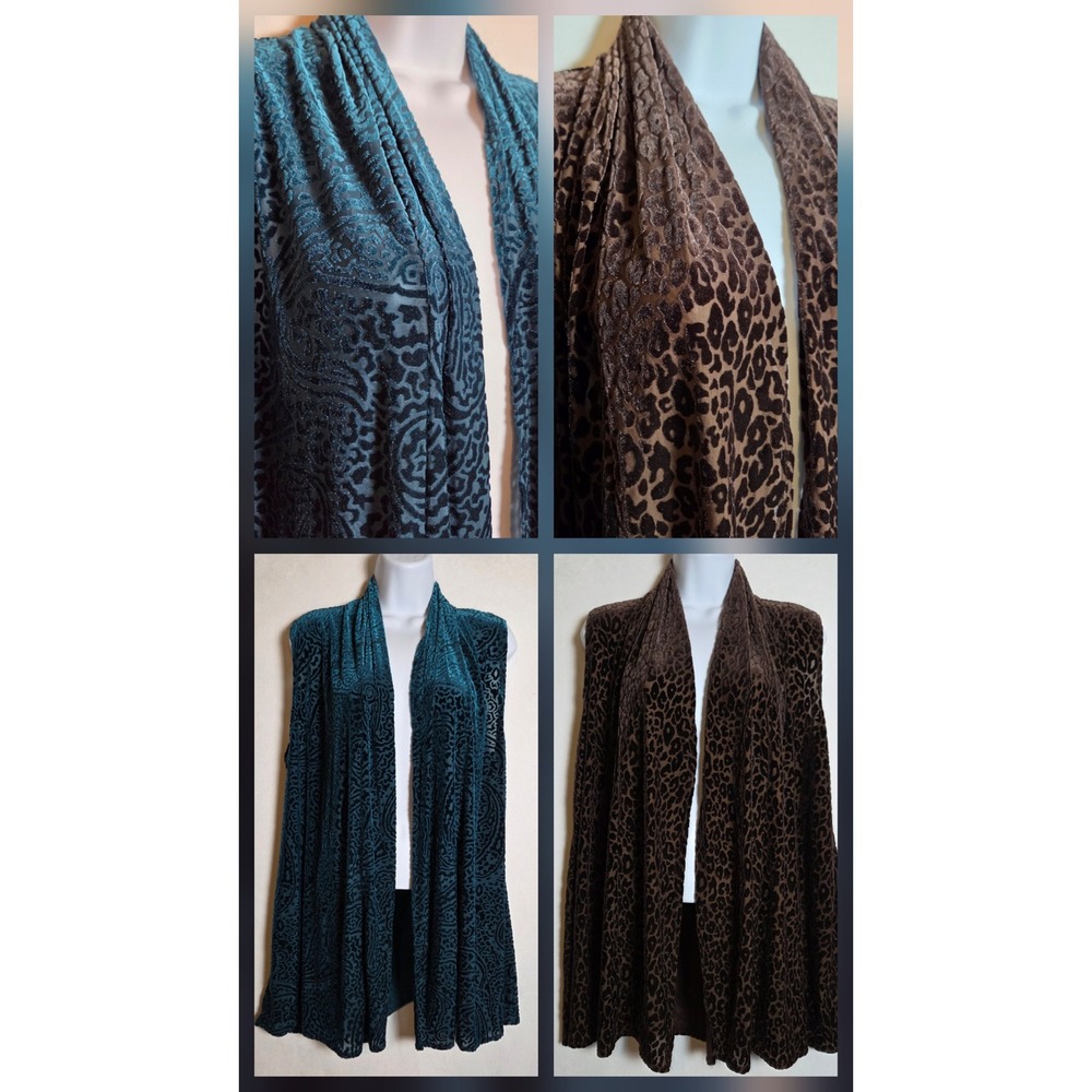 Susan Graver Velvet Burnout Vest Set 2 Teal Paisley Brown Leopard Open Front